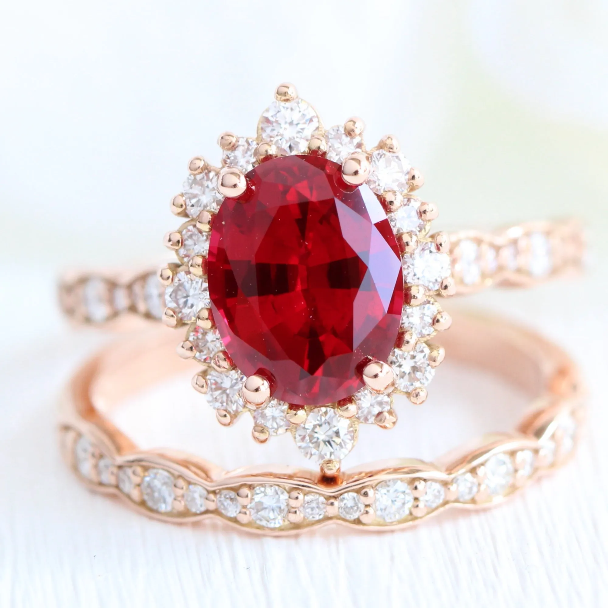 Large Tiara Halo Oval Ruby Ring Set w/ Scalloped Diamond Wedding Band