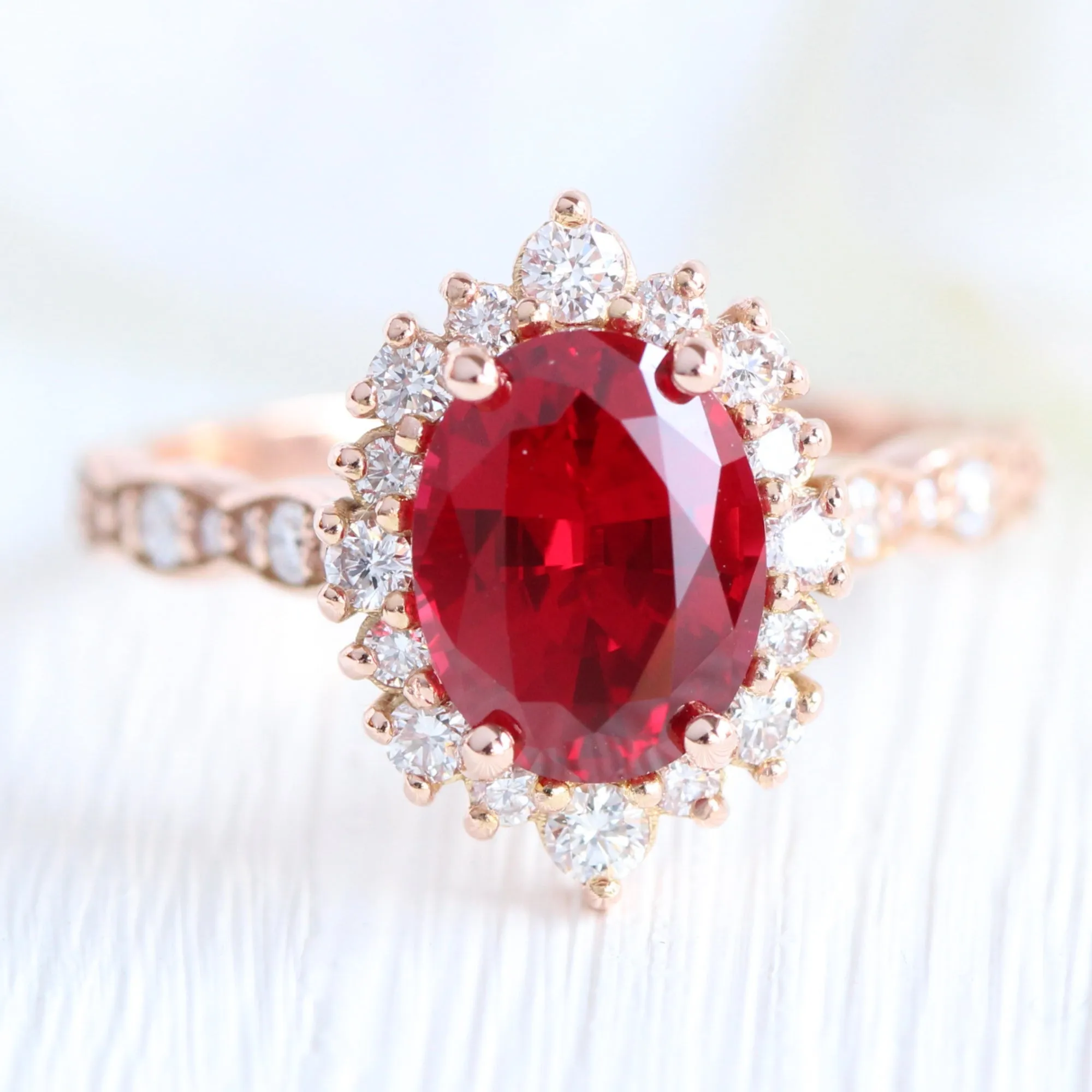 Large Tiara Halo Oval Ruby Ring Set w/ Scalloped Diamond Wedding Band