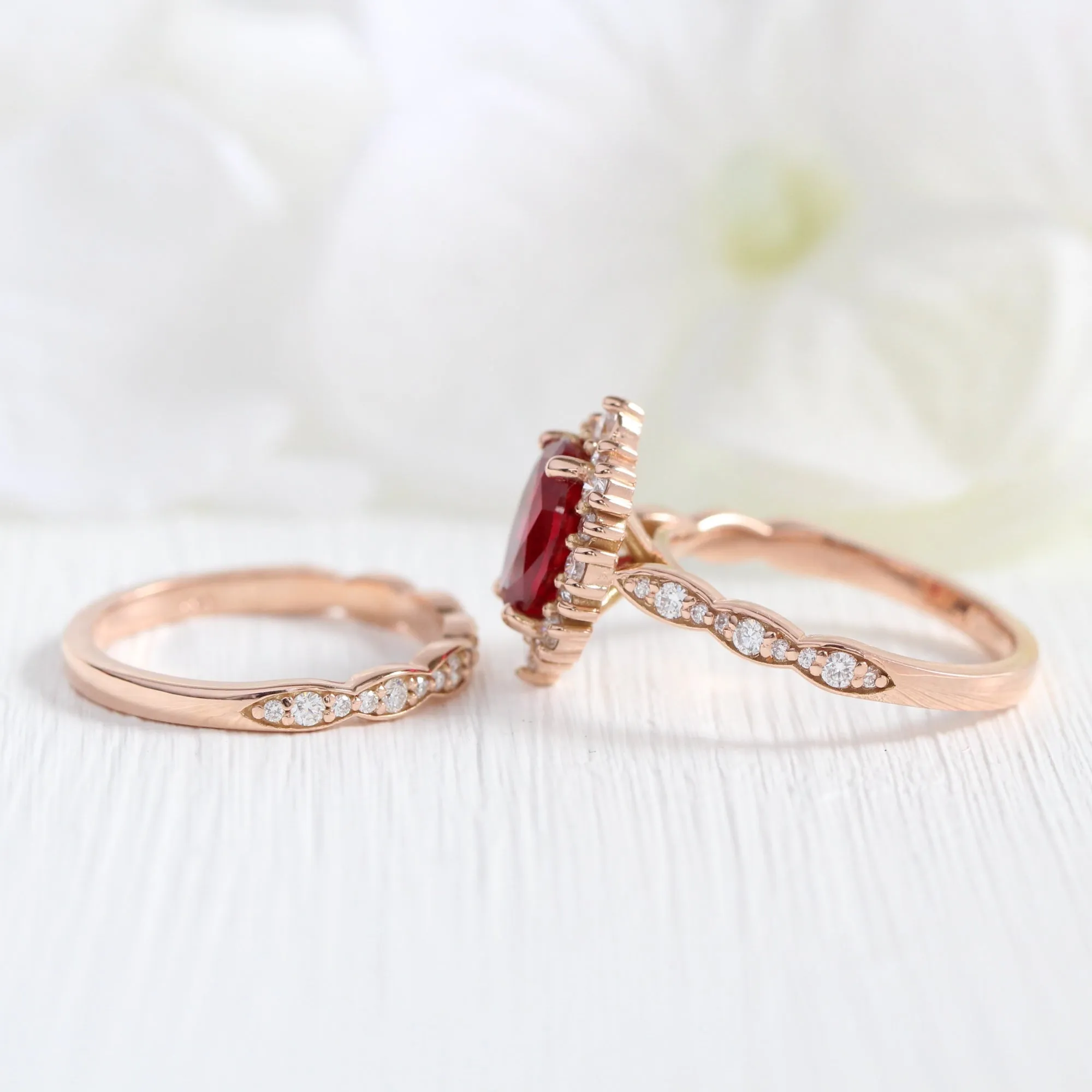 Large Tiara Halo Oval Ruby Ring Set w/ Scalloped Diamond Wedding Band