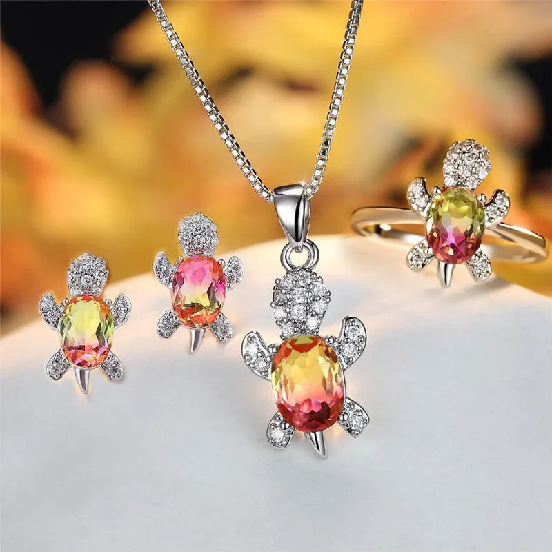 LovelyRLovely Oval Zircon Pendant Turtle Shape Necklaces With Rainbow Stone