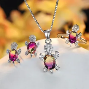 LovelyRLovely Oval Zircon Pendant Turtle Shape Necklaces With Rainbow Stone