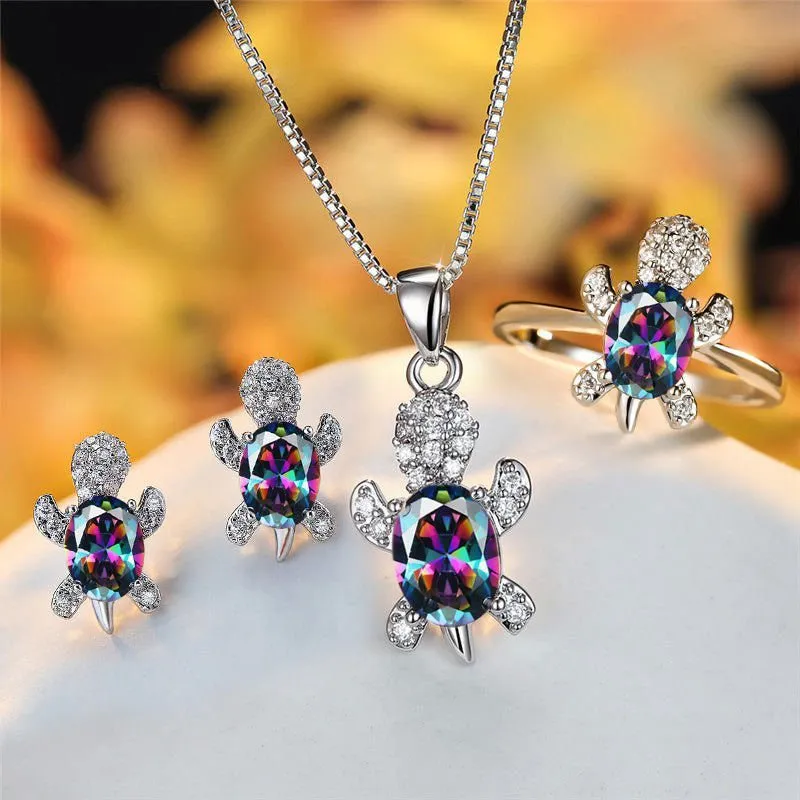 LovelyRLovely Oval Zircon Pendant Turtle Shape Necklaces With Rainbow Stone