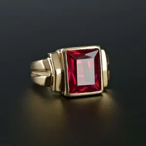 Mens Gold Signet Style Deco Ruby Ring