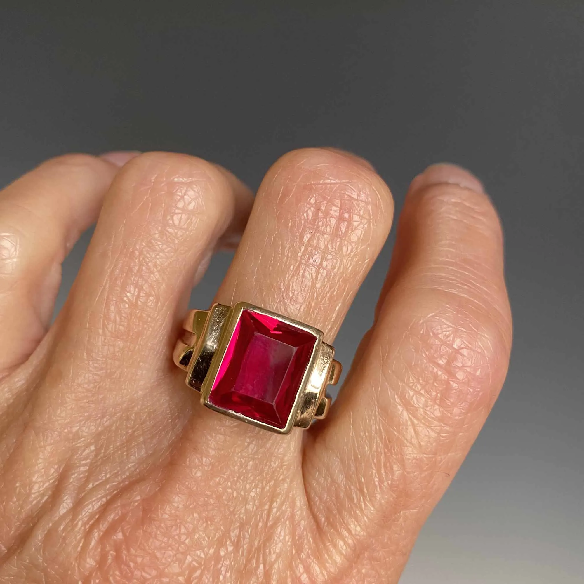 Mens Gold Signet Style Deco Ruby Ring