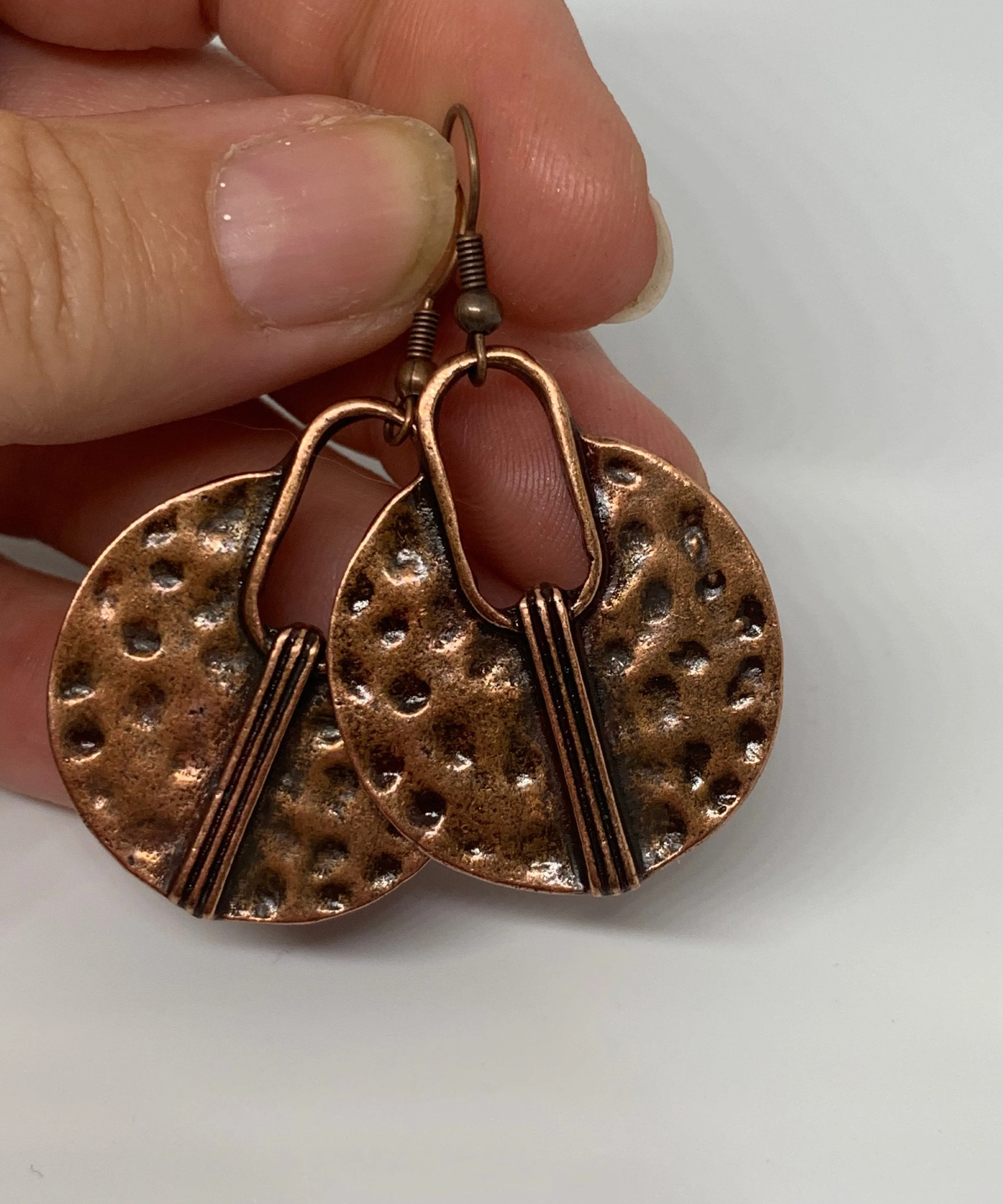 Modern drops, copper metal, hoops, earrings, jewelry.