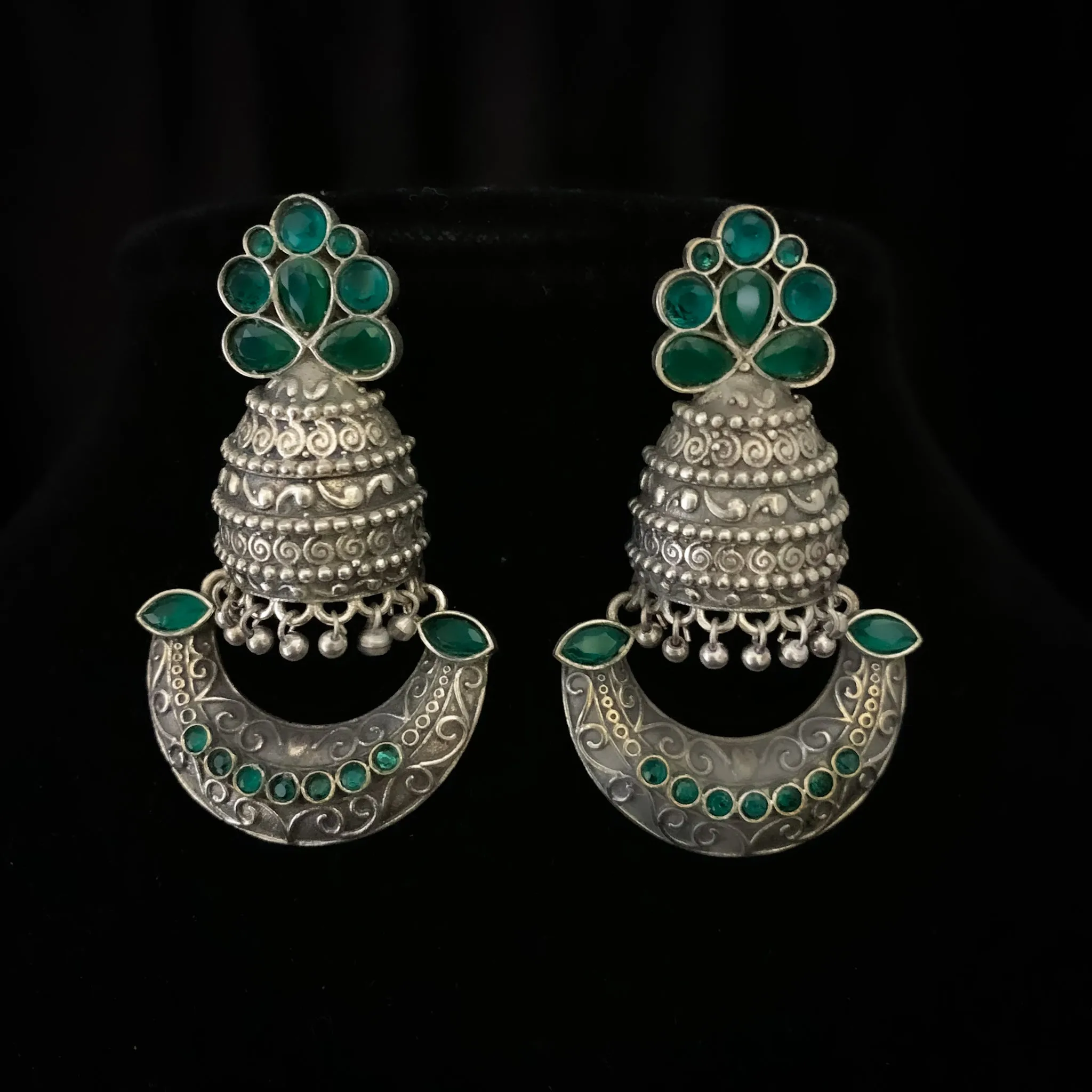 Modern Oxidized Silver Earring with Green stones