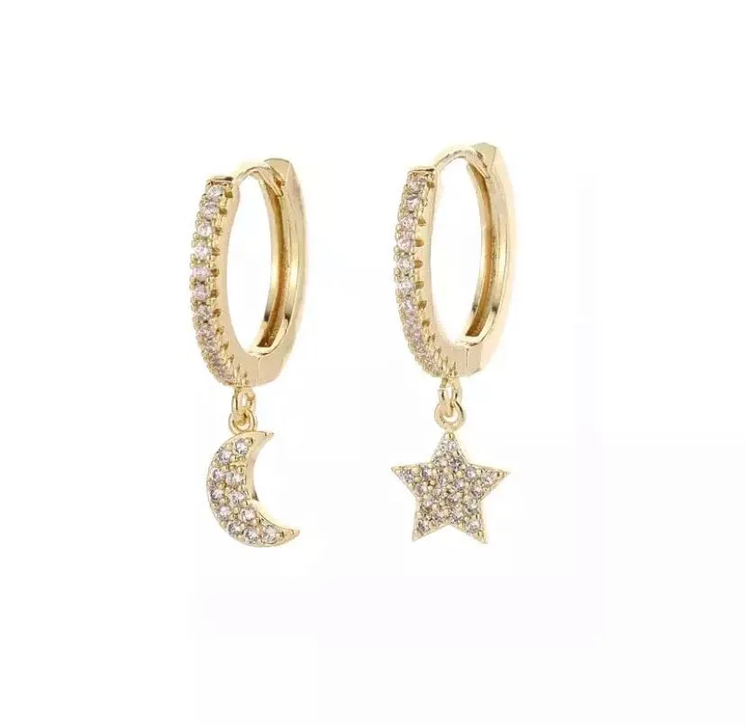 Moon and Star Diamante Huggie Set