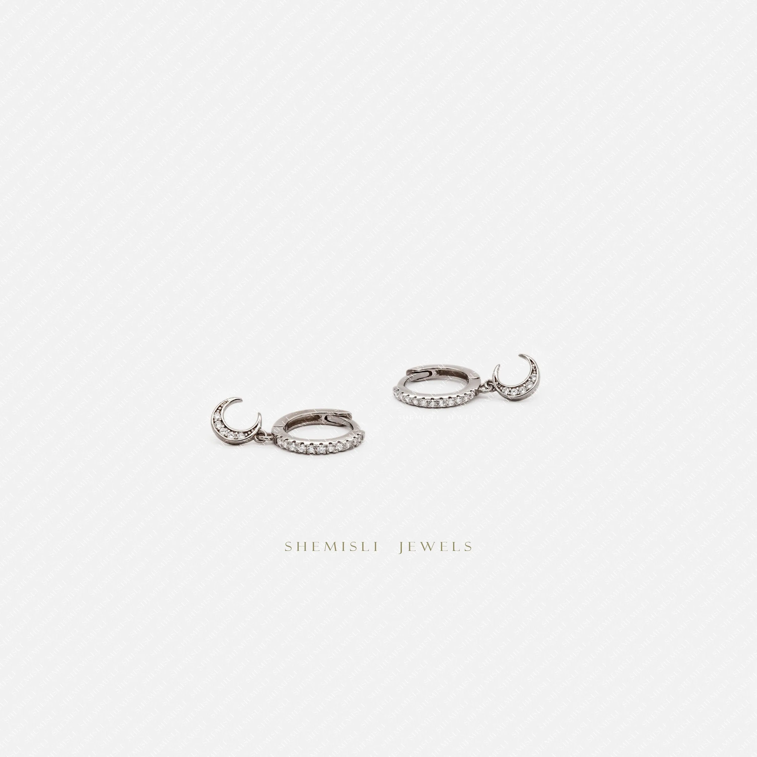 Moon Hoop Earrings, Pave CZ Drop Huggies, Gold, Silver SHEMISLI - SH425 (plain hoop) SH114 (cz hoop) LR