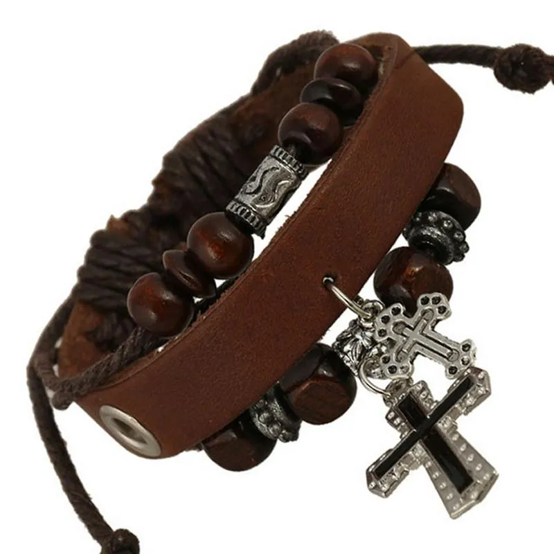 Multilayer Beaded Retro Cross Bracelet