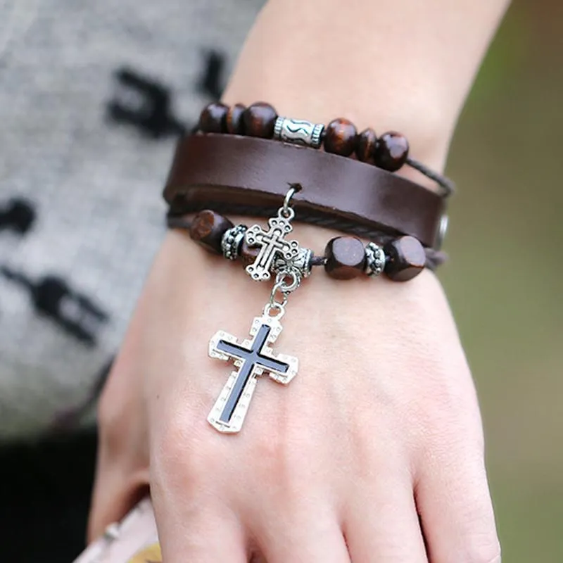 Multilayer Beaded Retro Cross Bracelet