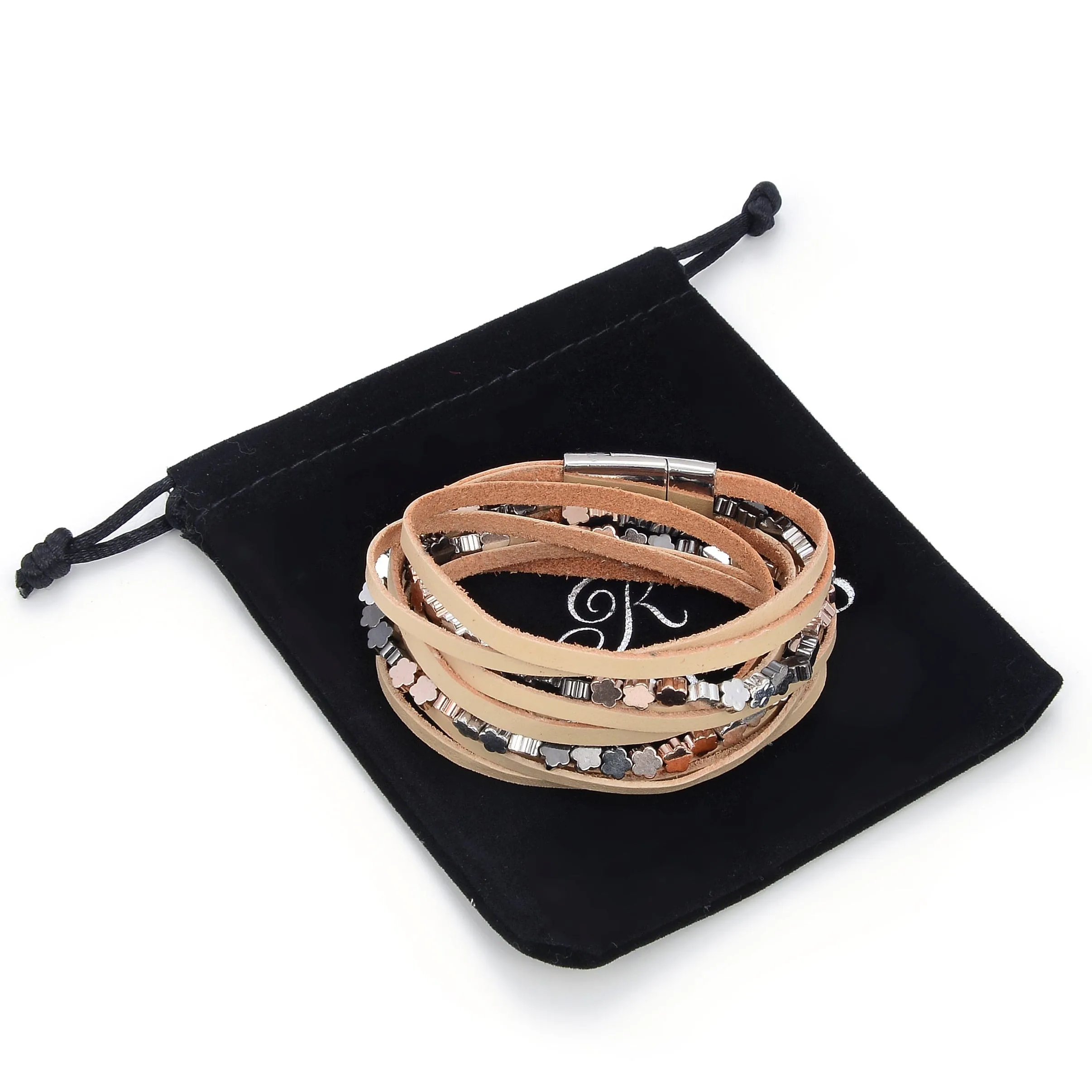 Multiple Strand Bracelet with Gold Leather and Magnetic Clasp