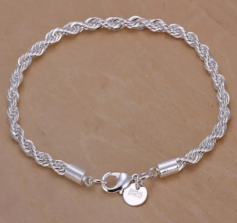 New High quality 925 Sterling Silver 4MM Women Men chain Male Twisted Rope Bracelets Fashion Silver Jewelry