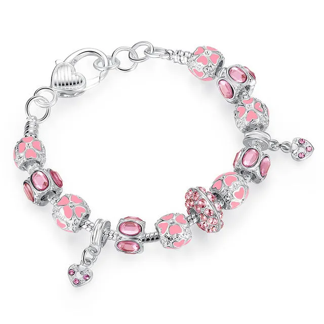 NEW Winter Collection Silver Charm Bracelet for Women With Pink Crystal Murano Glass Beads PA1400