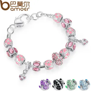 NEW Winter Collection Silver Charm Bracelet for Women With Pink Crystal Murano Glass Beads PA1400