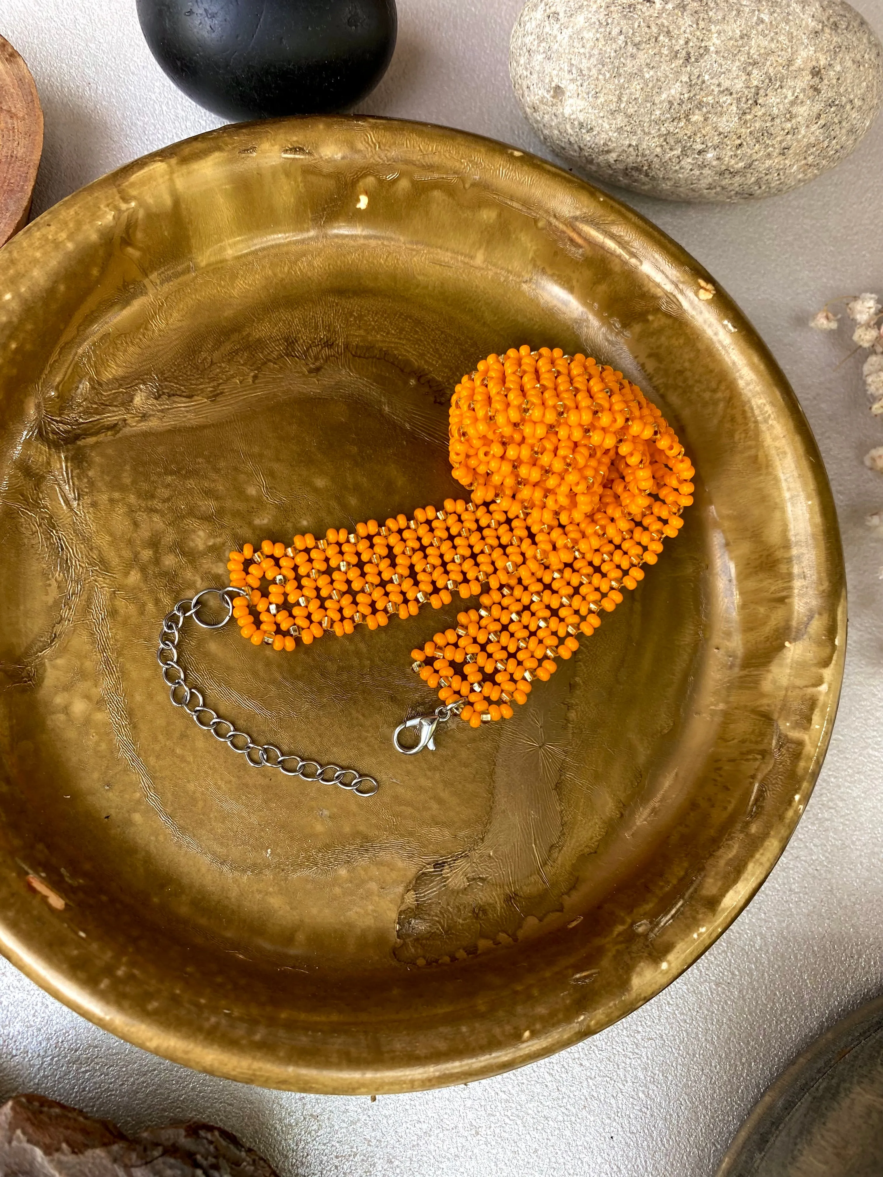 Orange Gold Seed Bead Wide Choker Collar, Unique Choker, Shiny Choker Necklace, Statement Thick Choker, Lace Choker, Boho Bohemian Choker