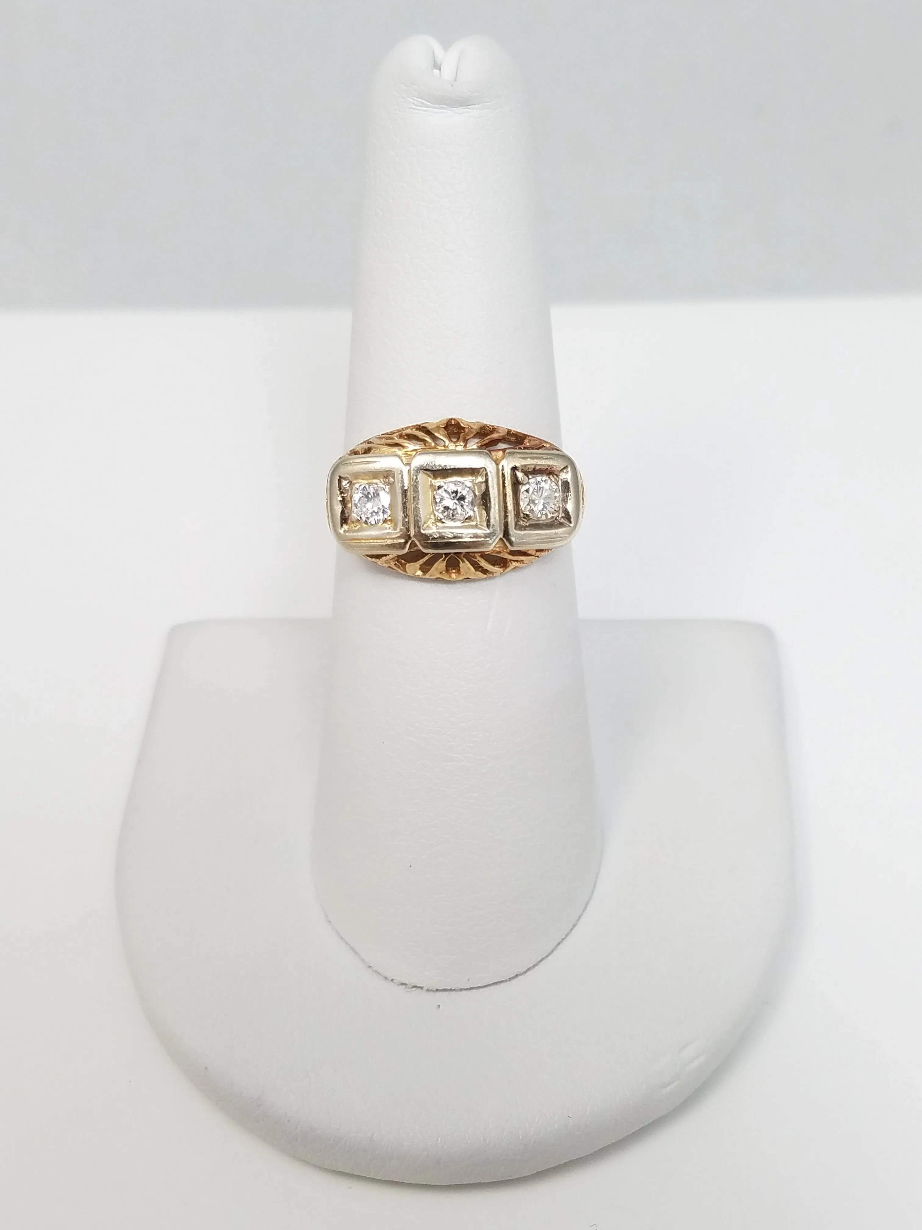 Ornate Vintage 14k Yellow Gold Natural Diamond Three Stone Ring