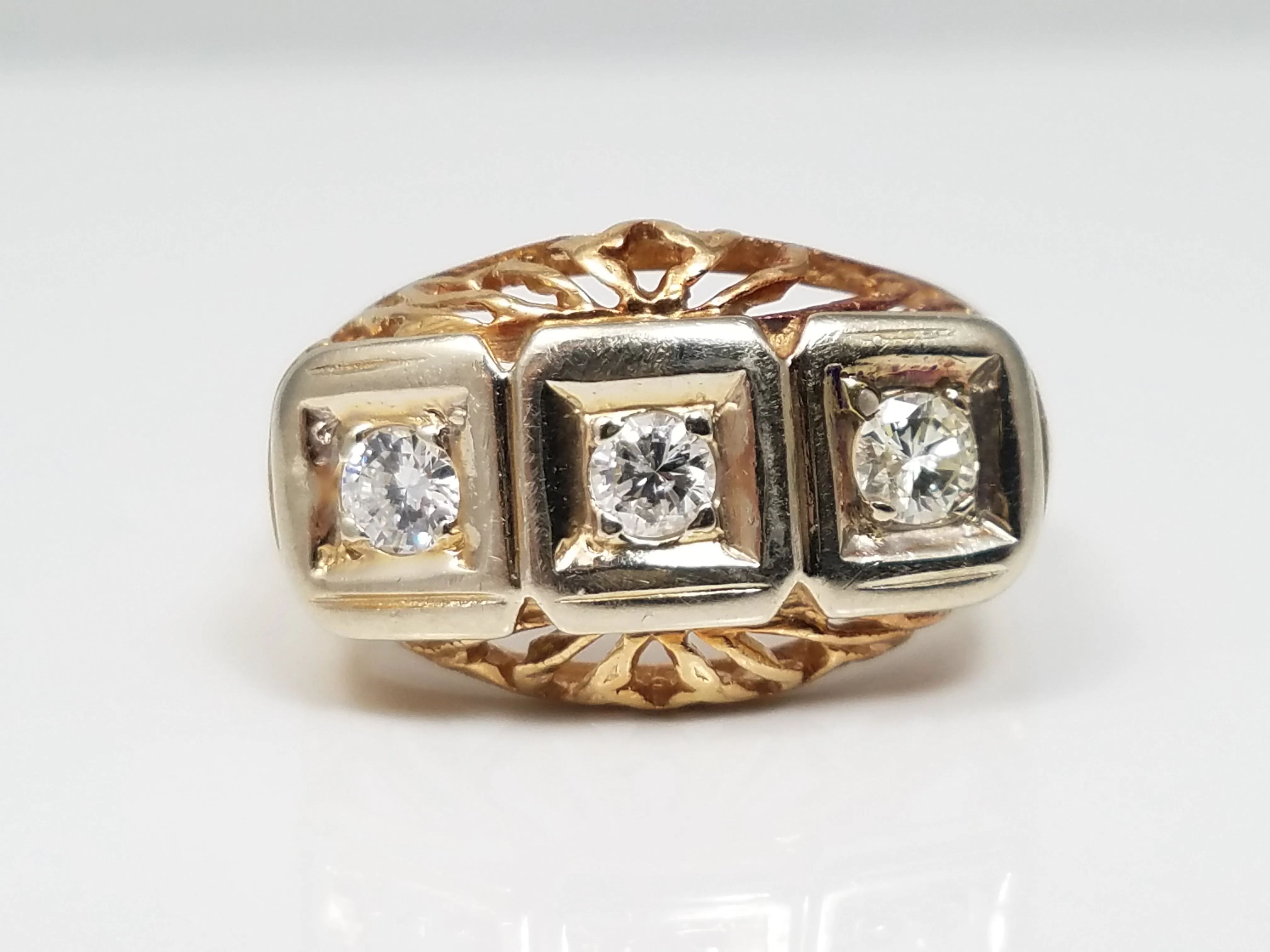 Ornate Vintage 14k Yellow Gold Natural Diamond Three Stone Ring