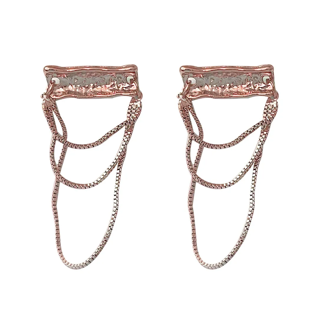 OVERSIZED TEXTURED ROSE GOLD-TONED BAR & TASSEL DROP EARRINGS