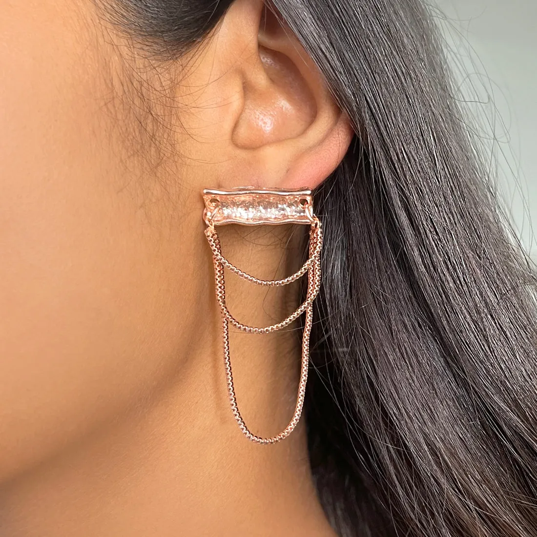 OVERSIZED TEXTURED ROSE GOLD-TONED BAR & TASSEL DROP EARRINGS