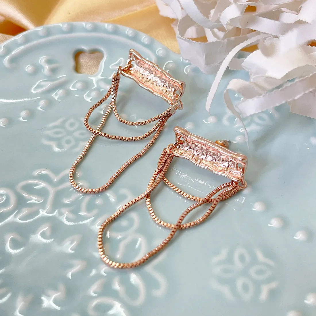 OVERSIZED TEXTURED ROSE GOLD-TONED BAR & TASSEL DROP EARRINGS