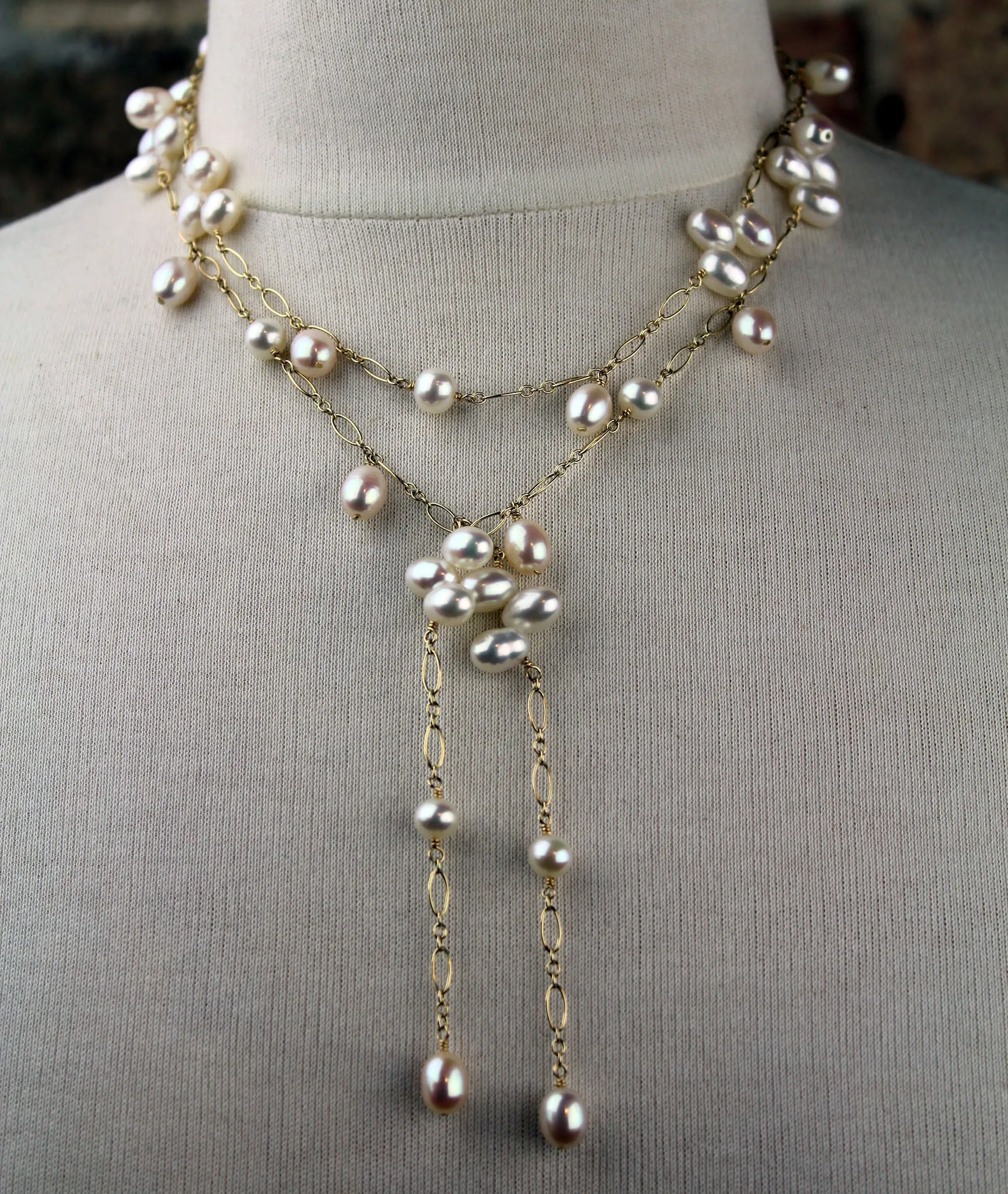 Pearl Lariat Necklace | AAA 6-9mm Natural White Teardrop & Dancing Freshwater Cultured