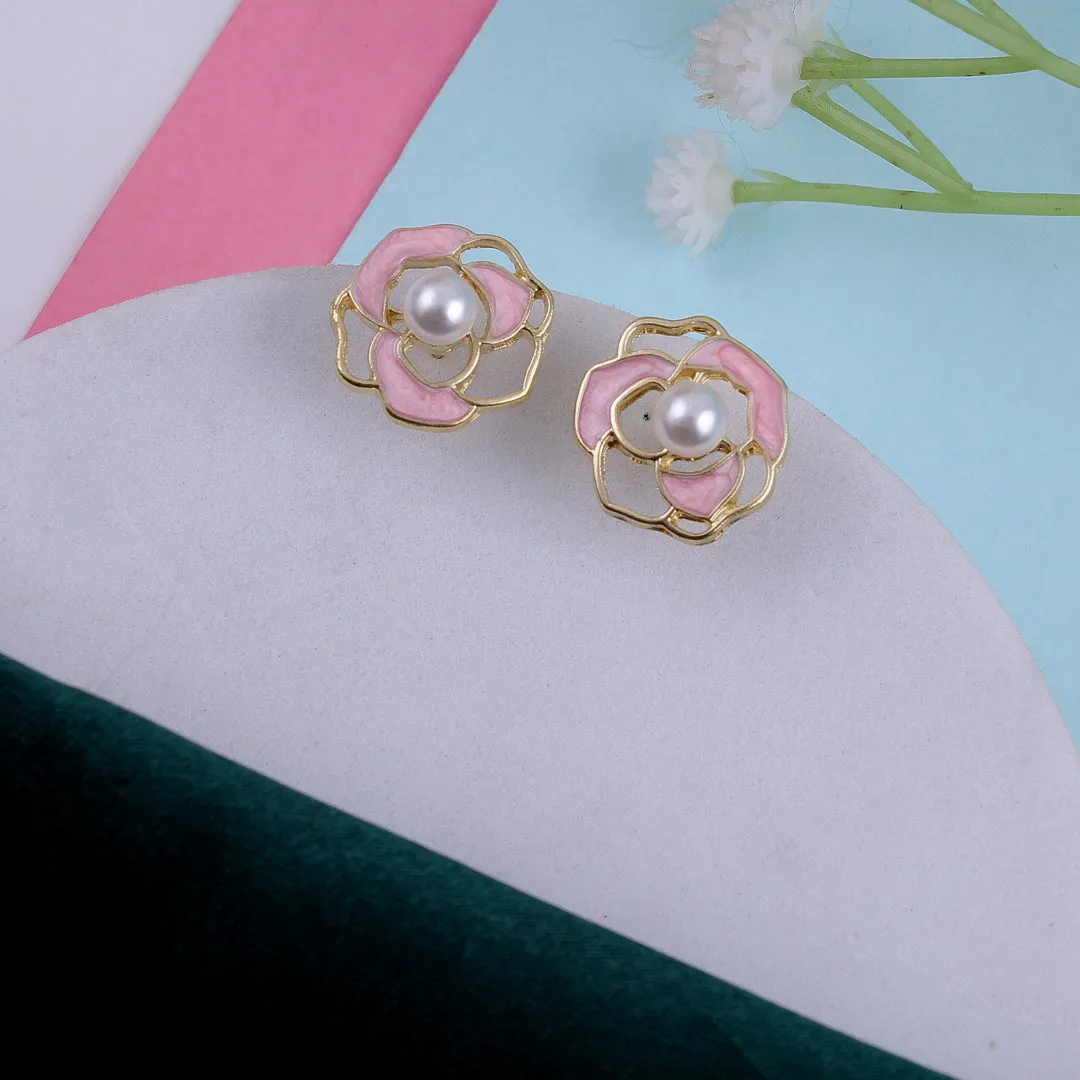 Pink Flower Pearl Earrings