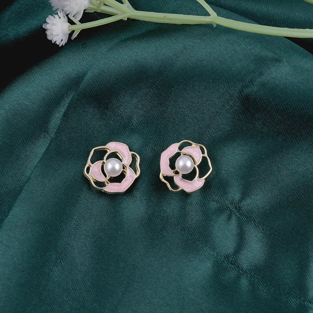 Pink Flower Pearl Earrings