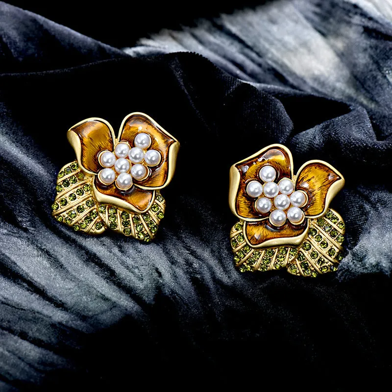 Pre Order:  Vintage Flower Diamond Pearl Inlaid Earrings