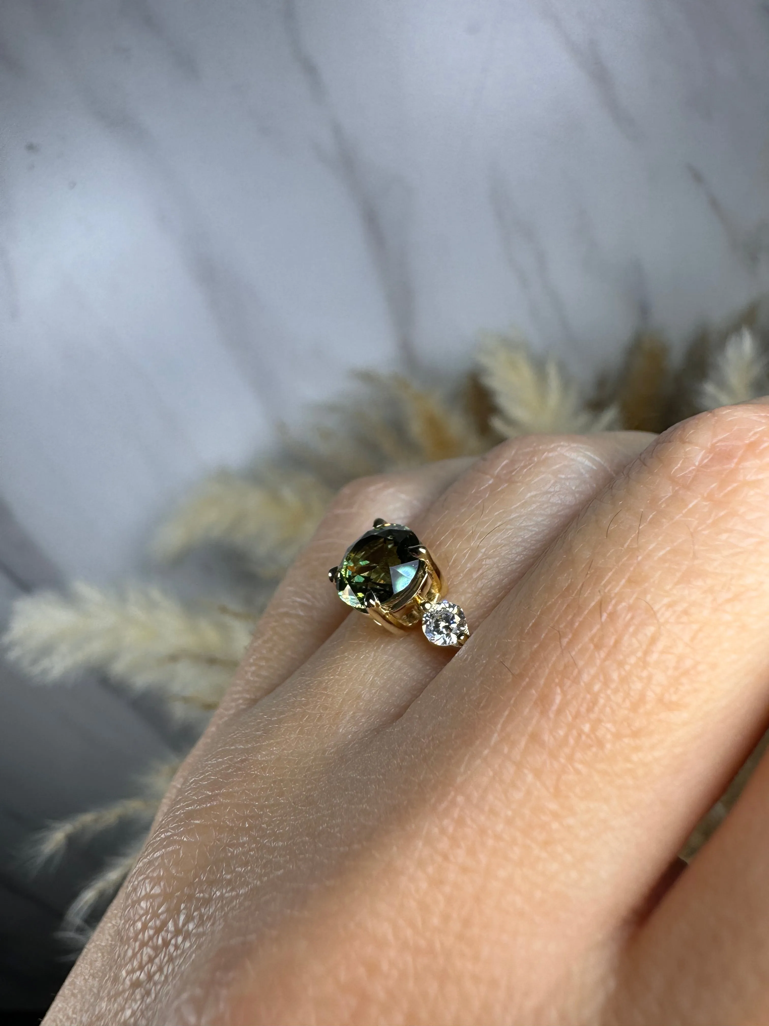 "Grinch" Three Stone Round Cut Diamond Trilogy Engagement Ring