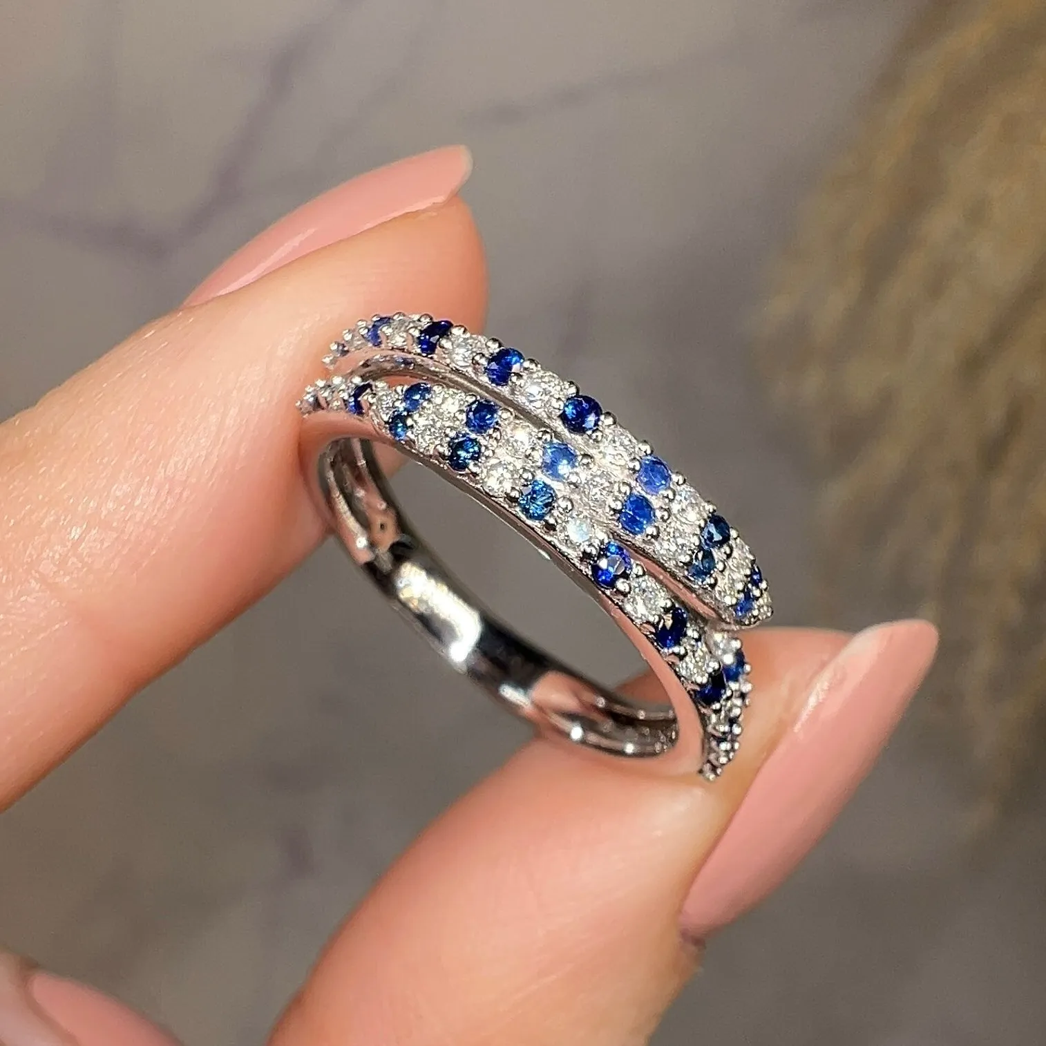 "Lucille" Irregular Crossover Zig Zag Blue and White Diamond Eternity Ring