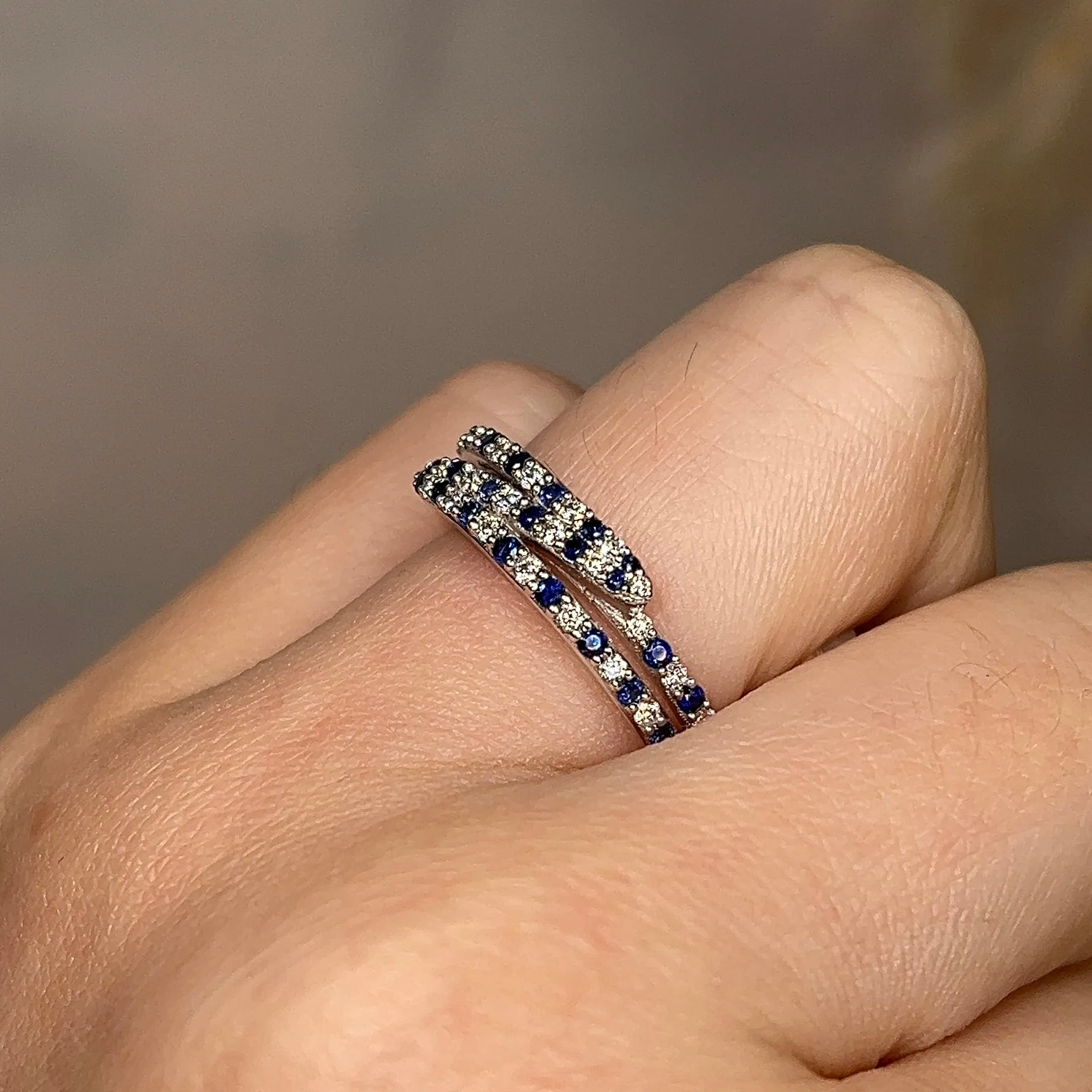 "Lucille" Irregular Crossover Zig Zag Blue and White Diamond Eternity Ring