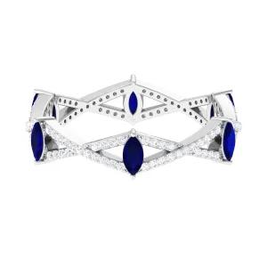 Real Blue Sapphire and Diamond Crossover Eternity Ring