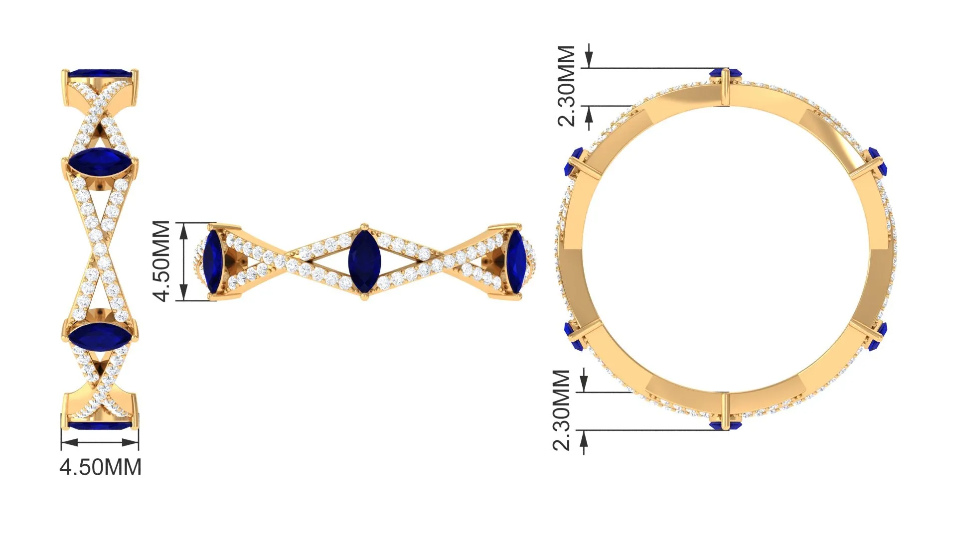 Real Blue Sapphire and Diamond Crossover Eternity Ring