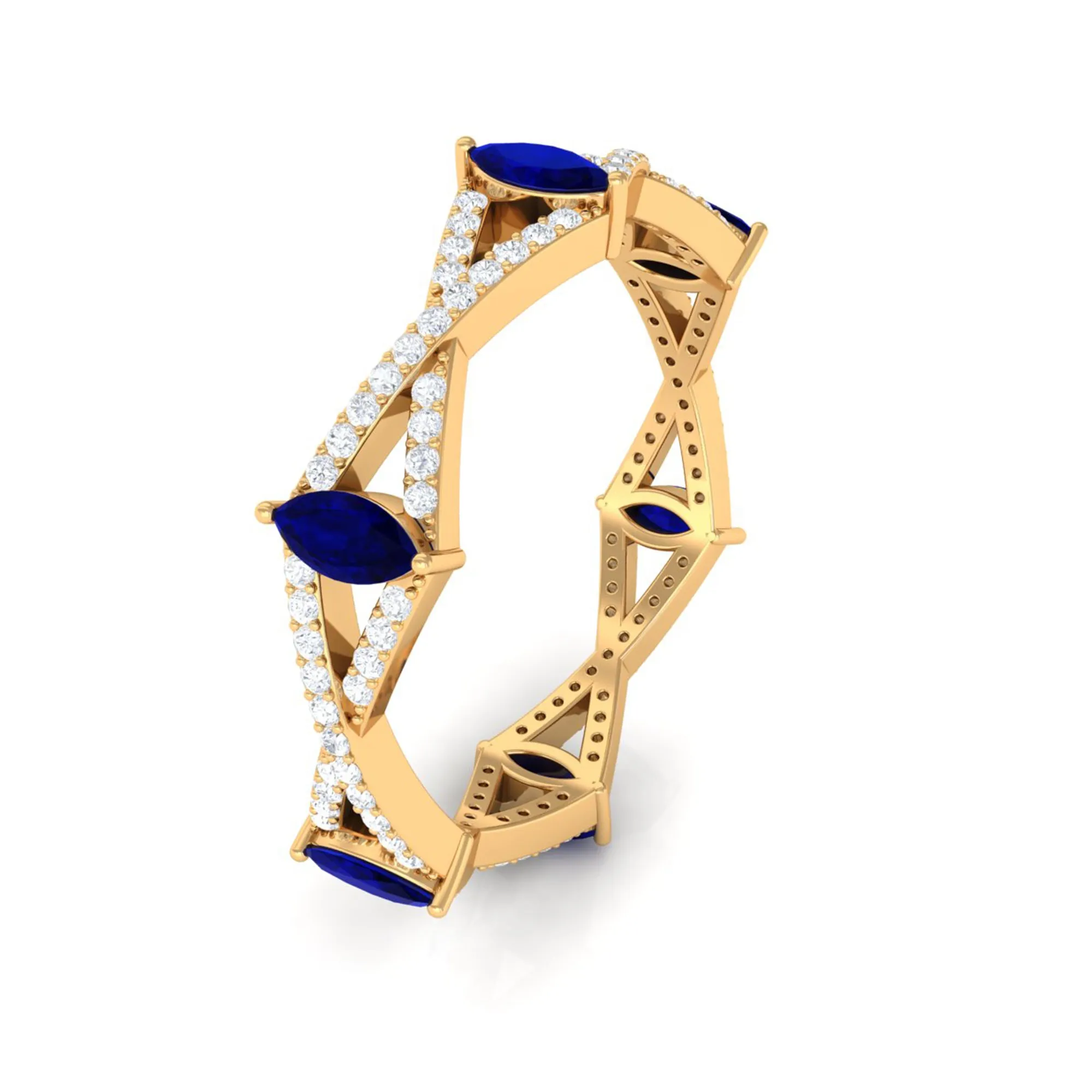 Real Blue Sapphire and Diamond Crossover Eternity Ring