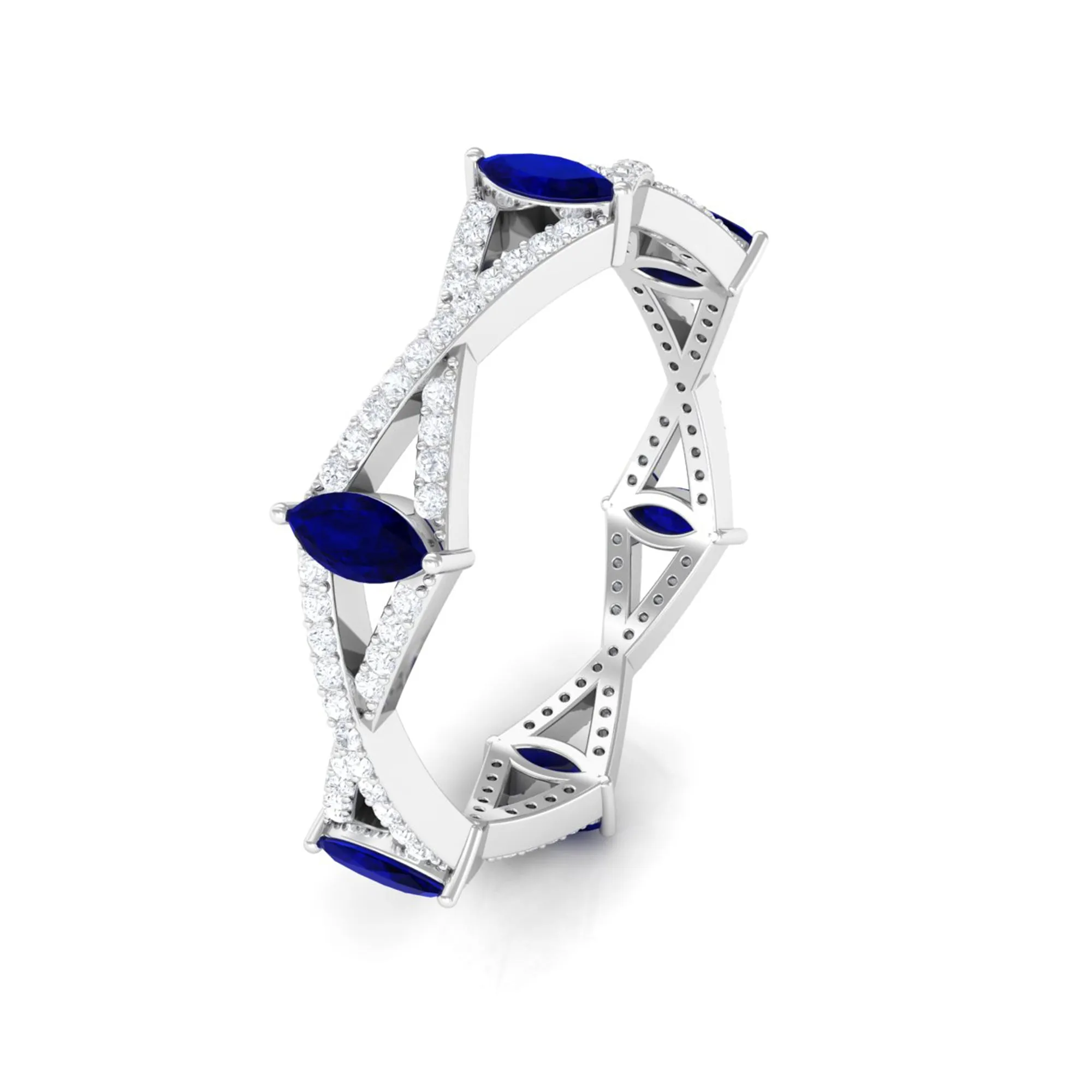 Real Blue Sapphire and Diamond Crossover Eternity Ring