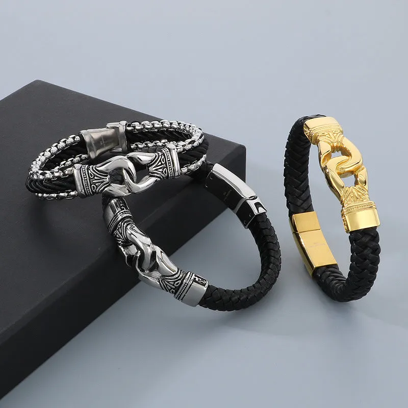 Retro Punk Woven Leather Bracelet with Stainless Steel Accents for Men