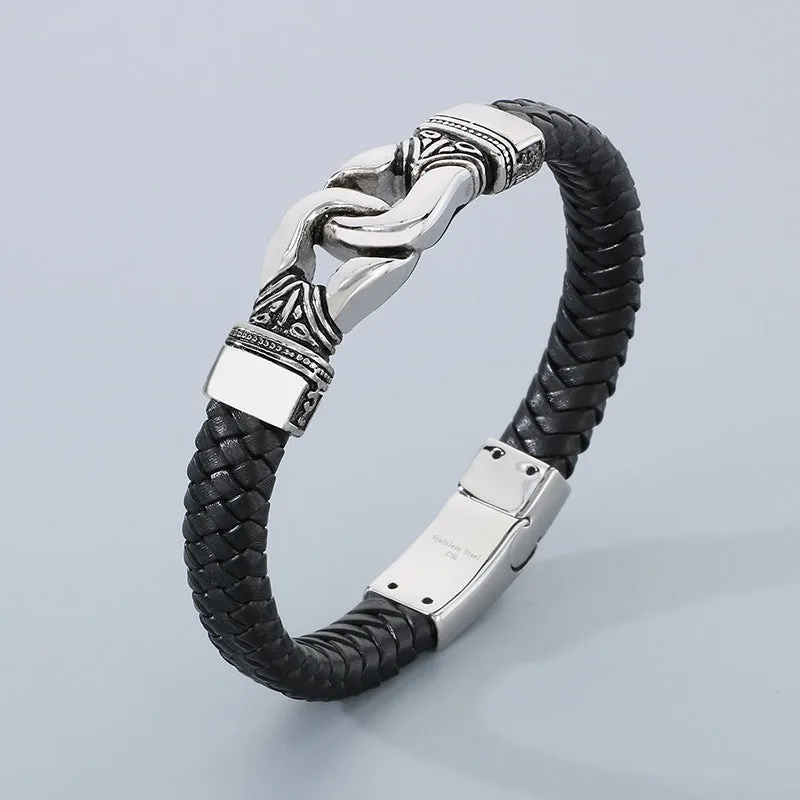 Retro Punk Woven Leather Bracelet with Stainless Steel Accents for Men