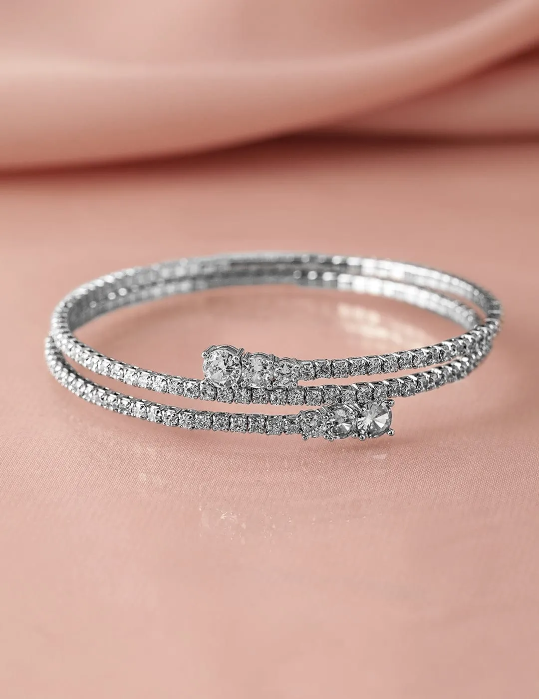 Rhodium-Plated AD & Cubic Zirconia Studded Double Line Bangle Bracelet