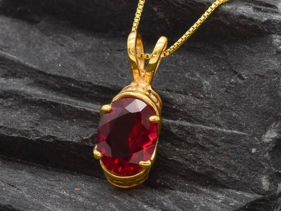 Ruby Gold Vintage Necklace - Boho Gold Pendant - Red Gemstone Necklace