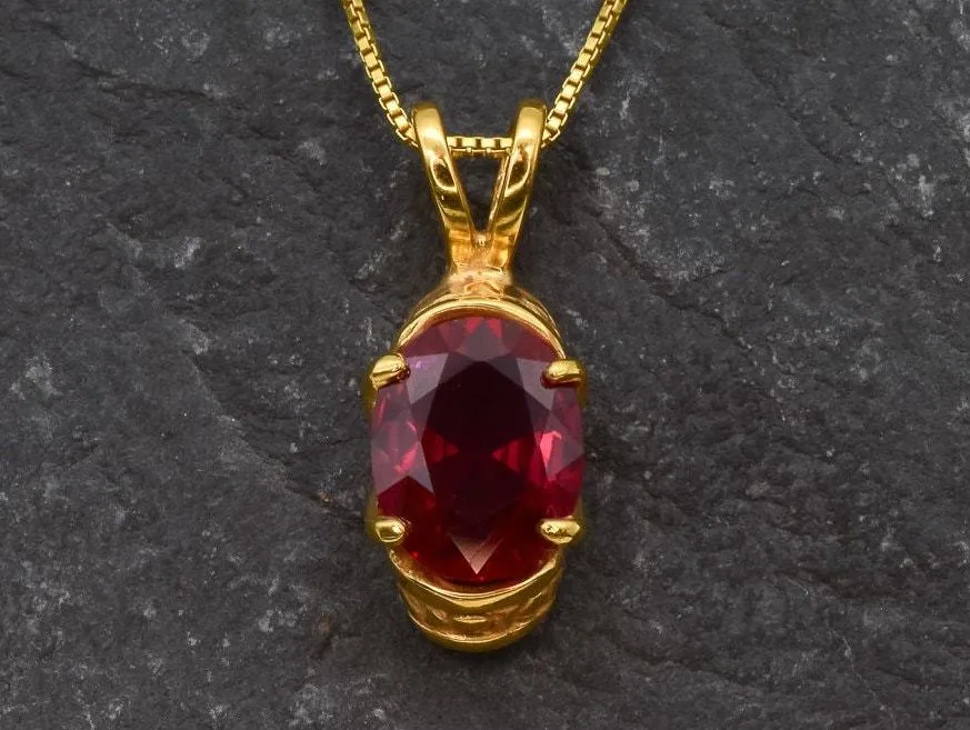 Ruby Gold Vintage Necklace - Boho Gold Pendant - Red Gemstone Necklace