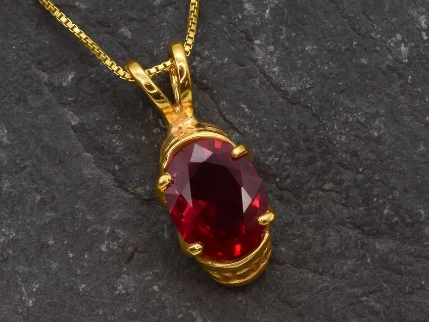 Ruby Gold Vintage Necklace - Boho Gold Pendant - Red Gemstone Necklace