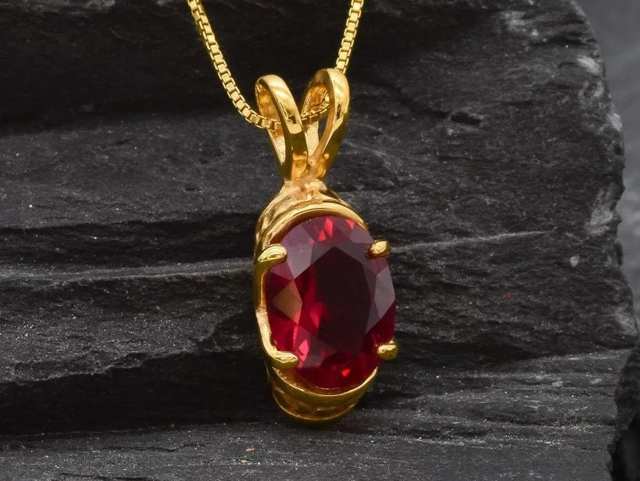 Ruby Gold Vintage Necklace - Boho Gold Pendant - Red Gemstone Necklace