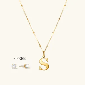 S Initial Pendant Necklace In Gold   FREE Diamond Stud Earrings in Gold