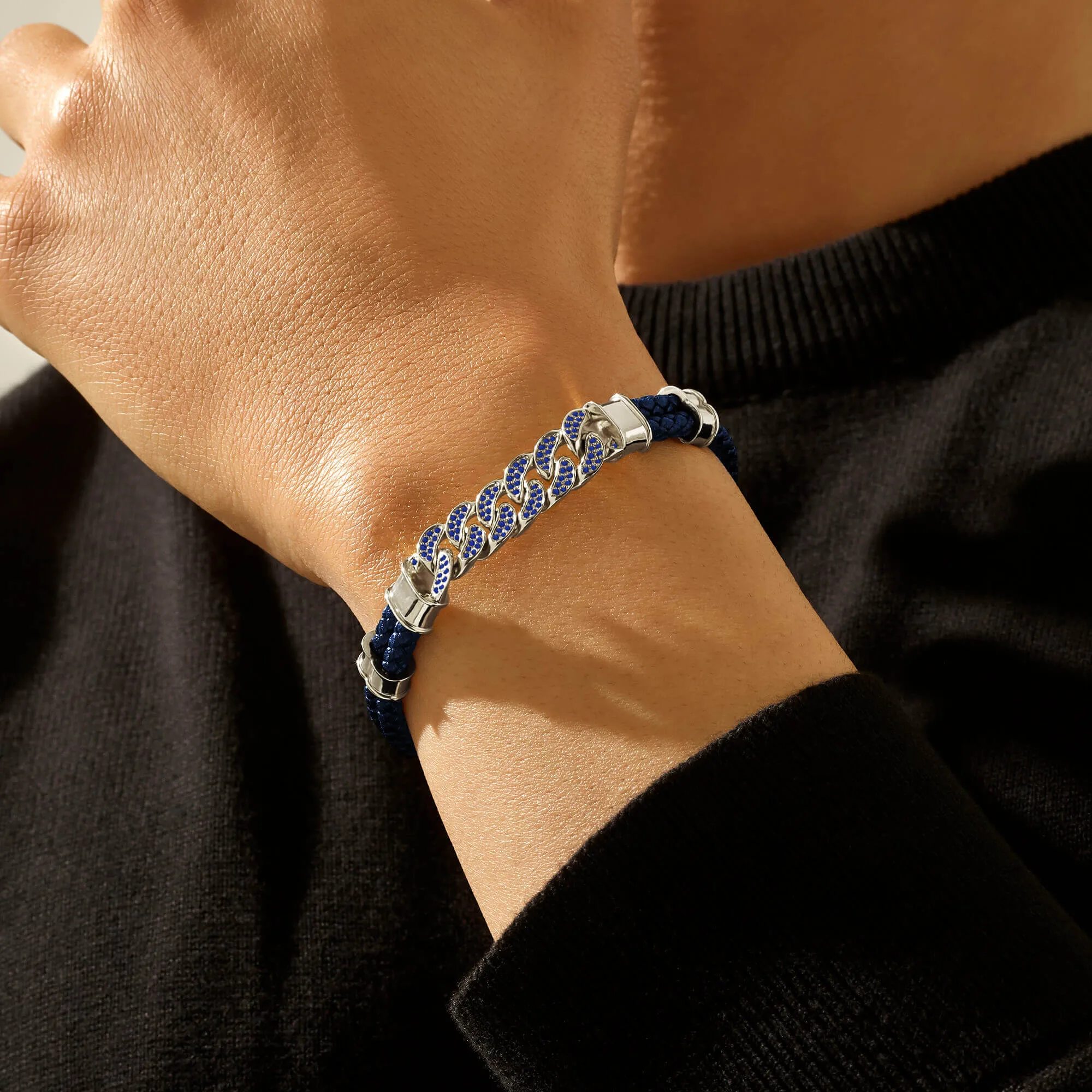 Sapphire Cuban Links Leather Bracelet