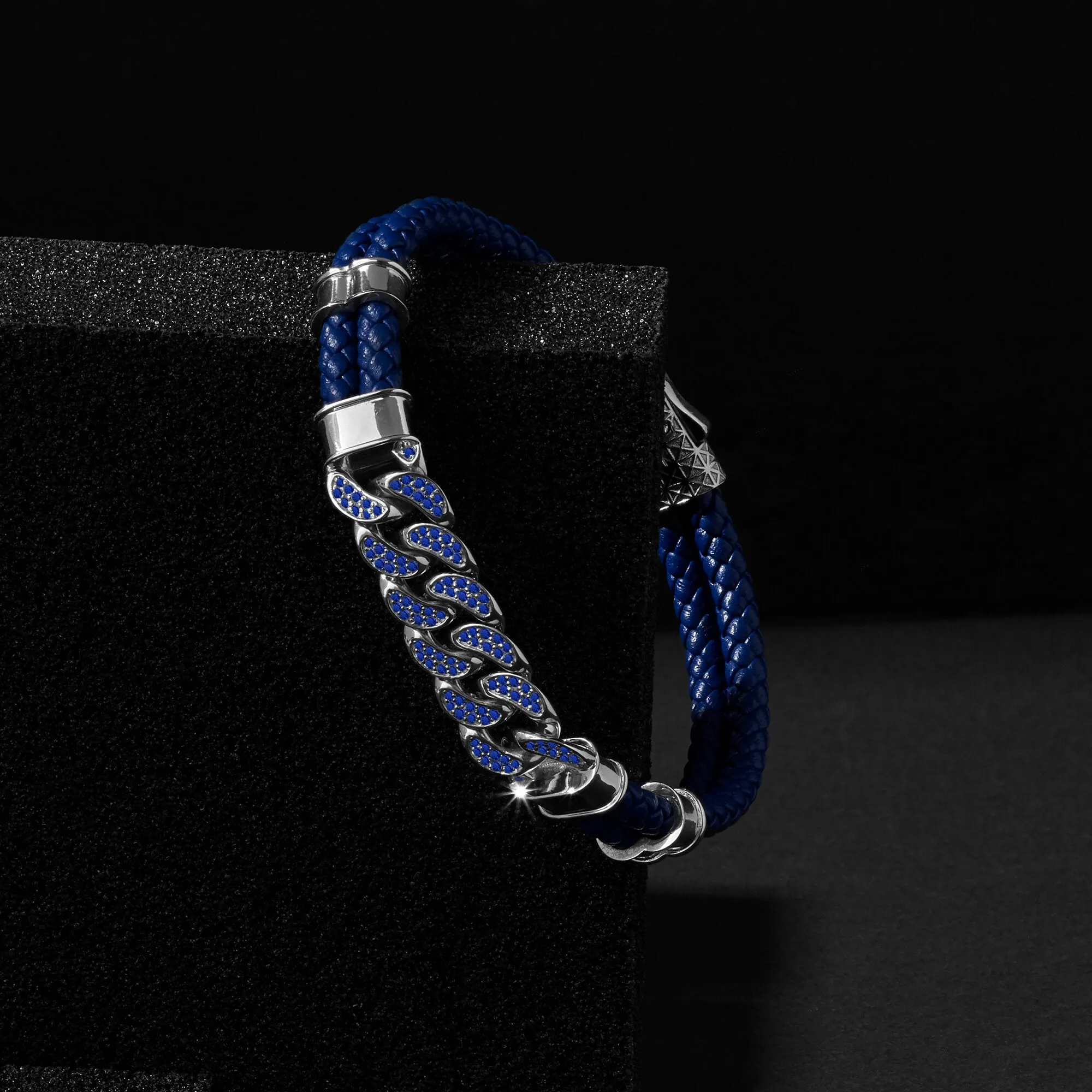 Sapphire Cuban Links Leather Bracelet