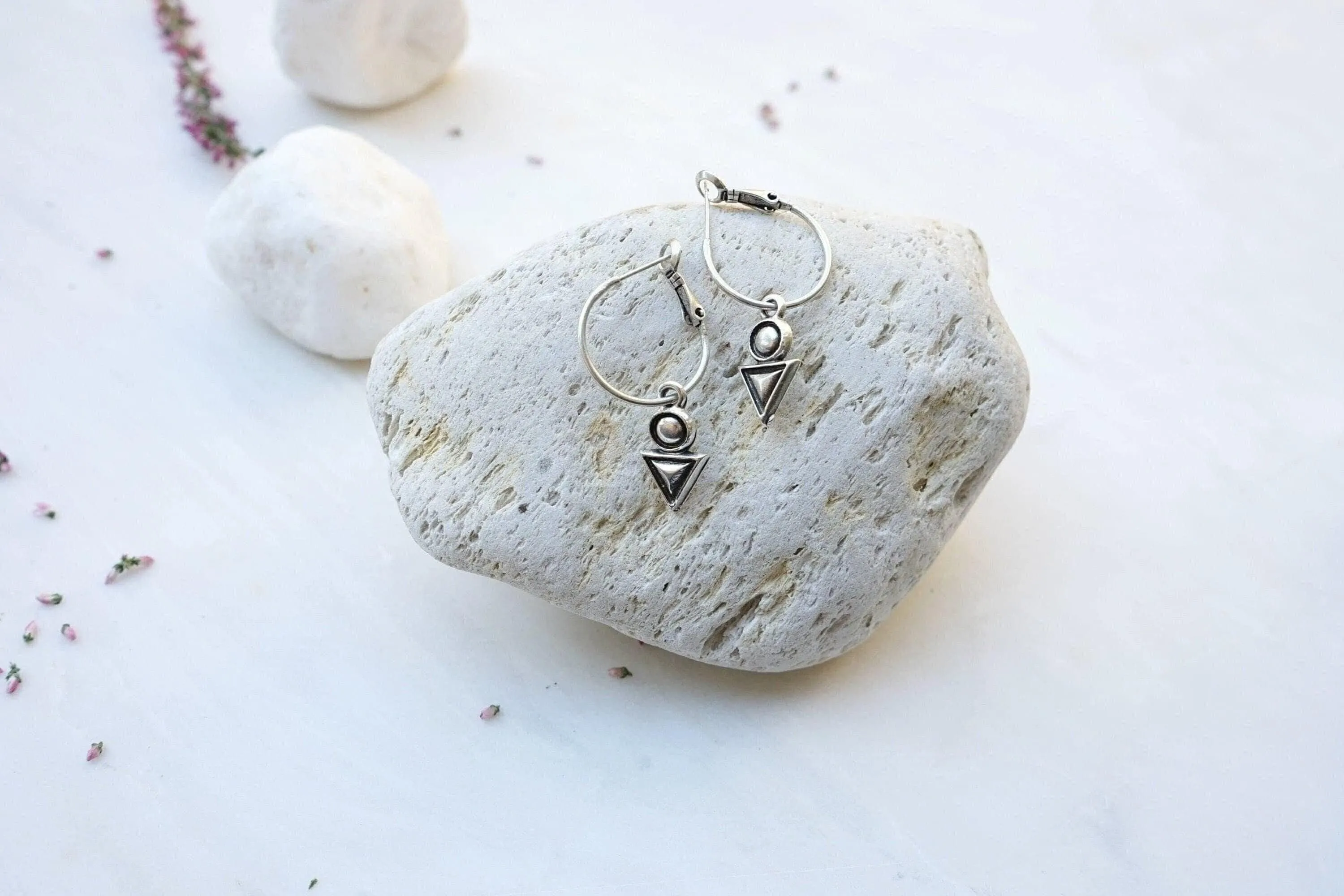 Silver Hoop Earrings with Geometric Charm