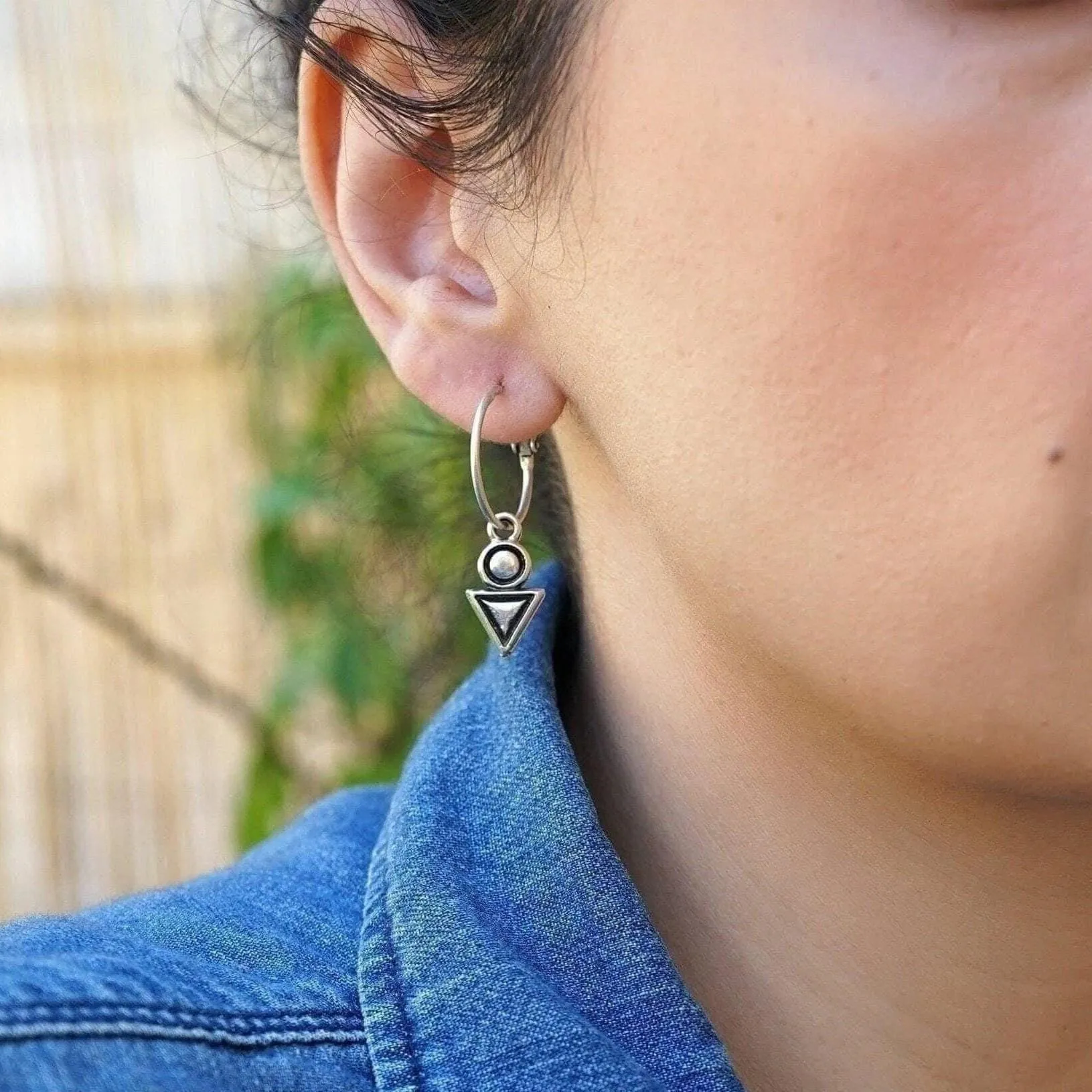 Silver Hoop Earrings with Geometric Charm