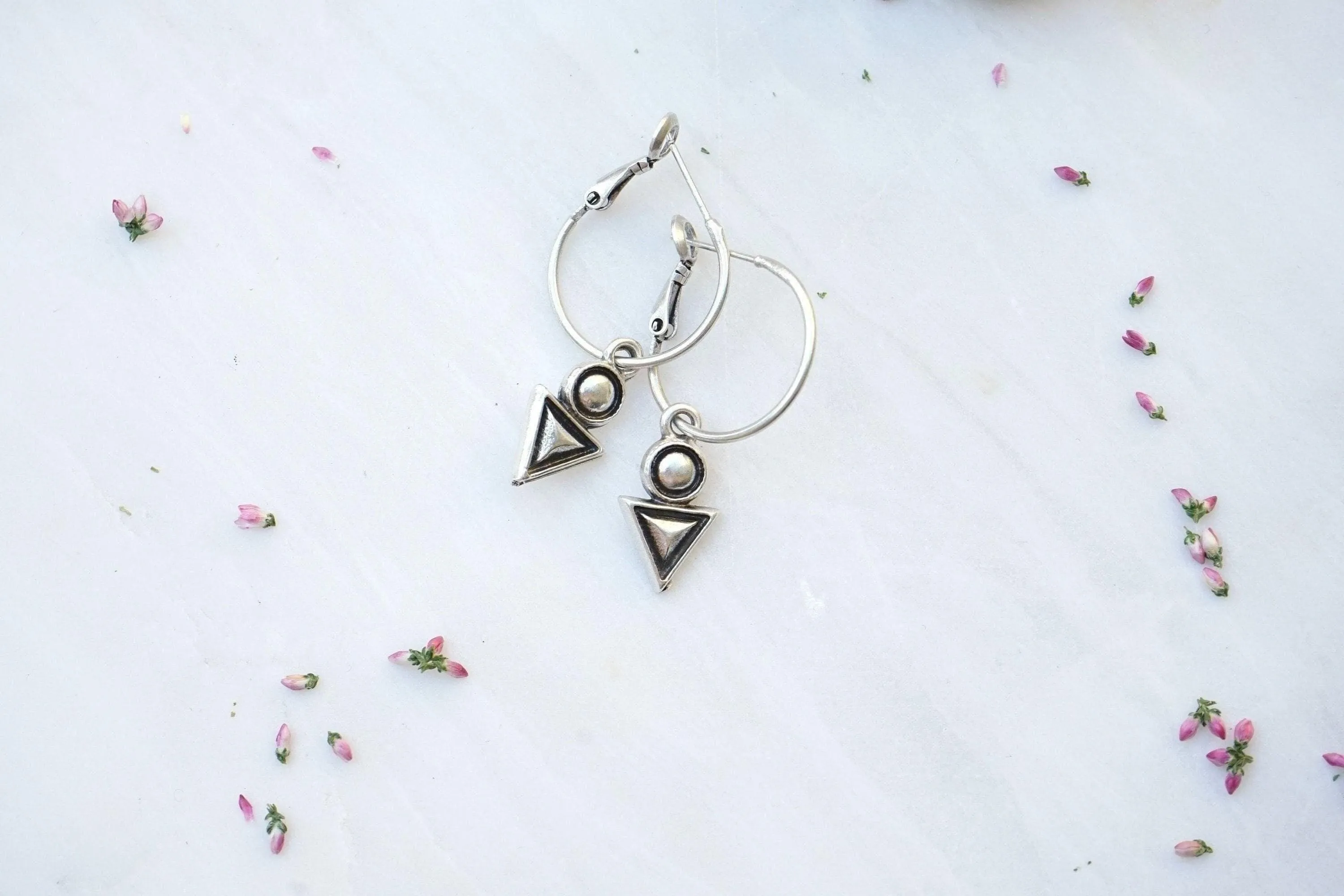 Silver Hoop Earrings with Geometric Charm