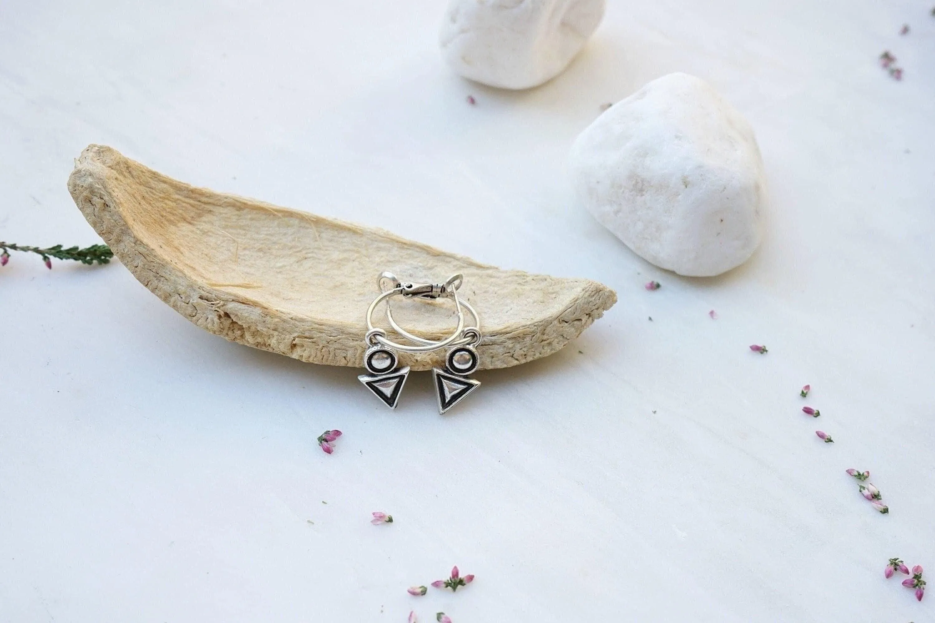 Silver Hoop Earrings with Geometric Charm