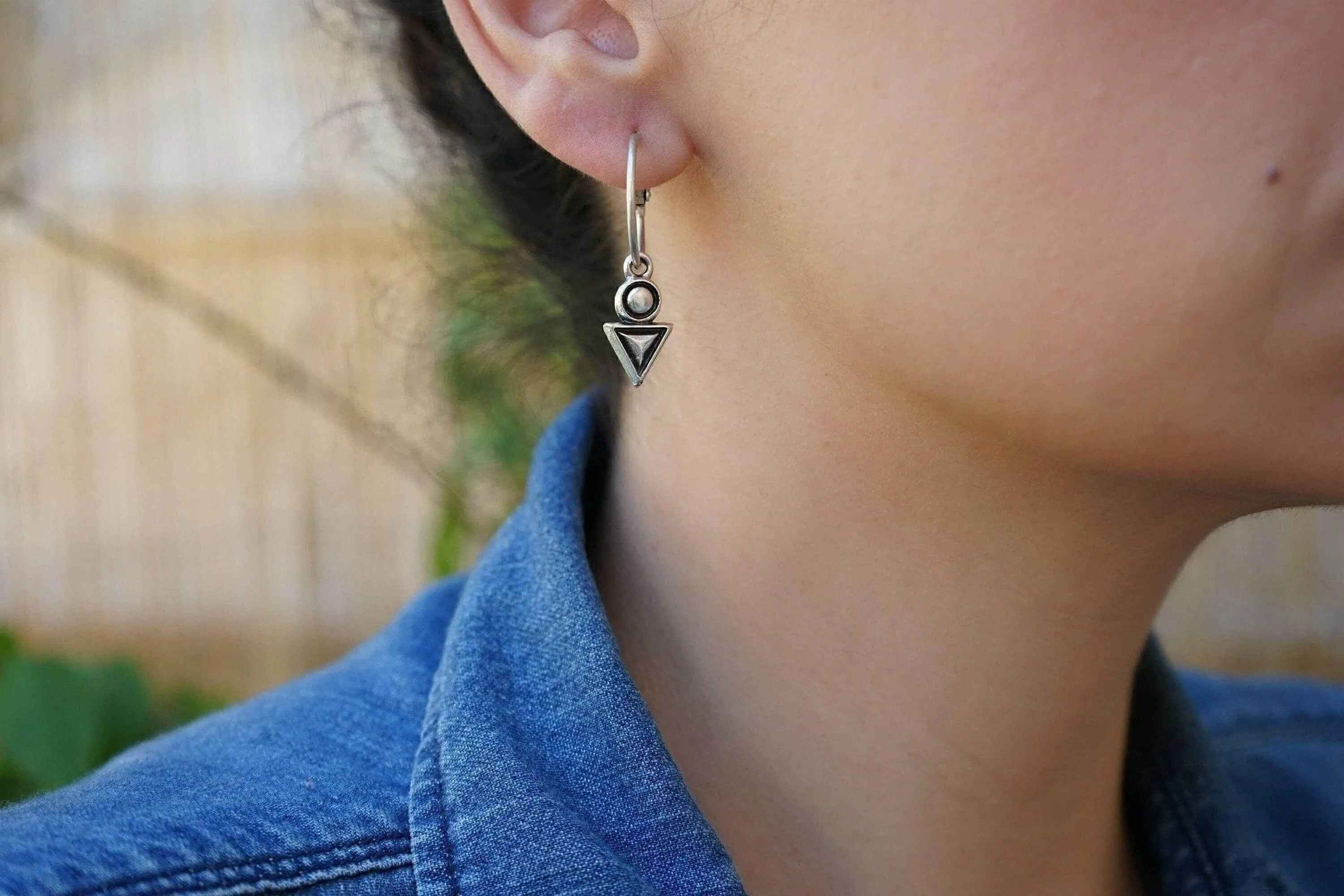 Silver Hoop Earrings with Geometric Charm